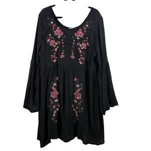 Umgee Black Floral Embroidered Mini Dress 1XL Bell Sleeve Dark Romantic Boho